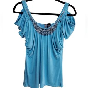 Bisou Bisou Aqua Blue Cold Shoulder Metallic Top Size M